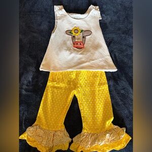 Busy Bee Smocks Girls Yellow Polka Dot Pants with White Embroidered Cow Top 2T